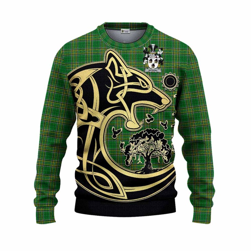 McQuay Irish Tartan Knitted Sweater with Coat of Arms Celtic Wolf Style