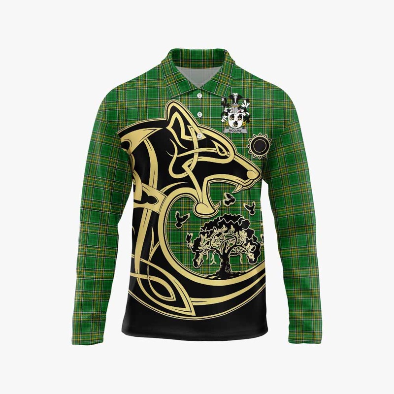 McQuay Irish Tartan Long Sleeve Polo Shirt with Coat of Arms Celtic Wolf Style