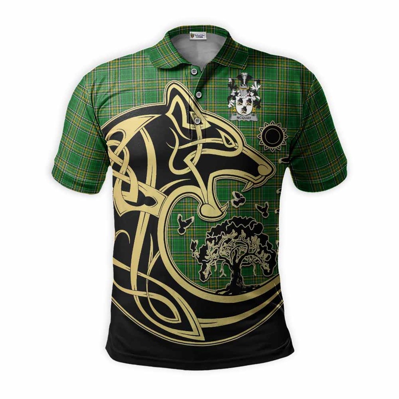 McQuay Irish Tartan Polo Shirt with Coat of Arms Celtic Wolf Style