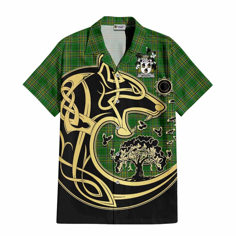 McQuay Irish Tartan Short Sleeve Button Shirt with Coat of Arms Celtic Wolf Style