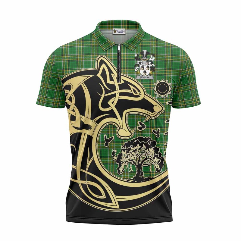 McQuay Irish Tartan Zipper Polo Shirt with Coat of Arms Celtic Wolf Style