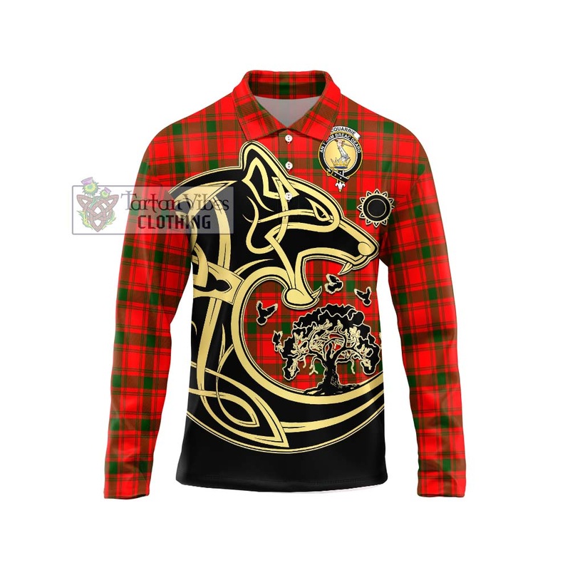 McQueary Modern Tartan Long Sleeve Polo Shirt with Family Crest Celtic Wolf Style