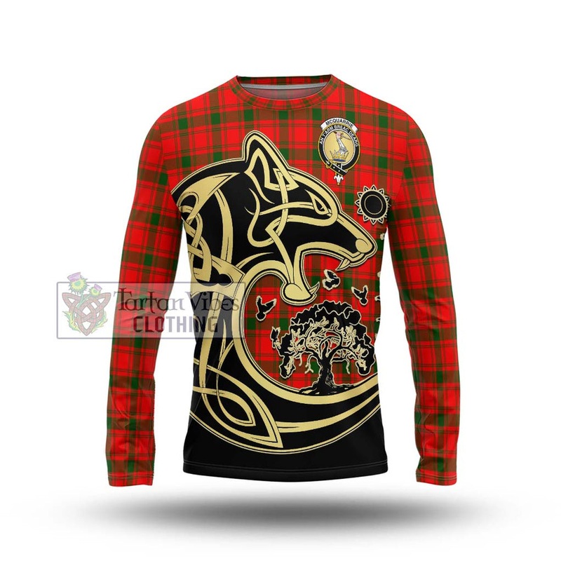 McQueary Modern Tartan Long Sleeve T-Shirt with Family Crest Celtic Wolf Style