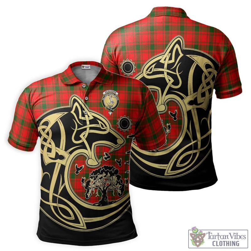 McQueary Modern Tartan Polo Shirt with Family Crest Celtic Wolf Style