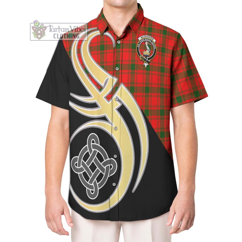McQueary Modern Tartan Short Sleeve Button Shirt with Family Crest and Celtic Symbol Style