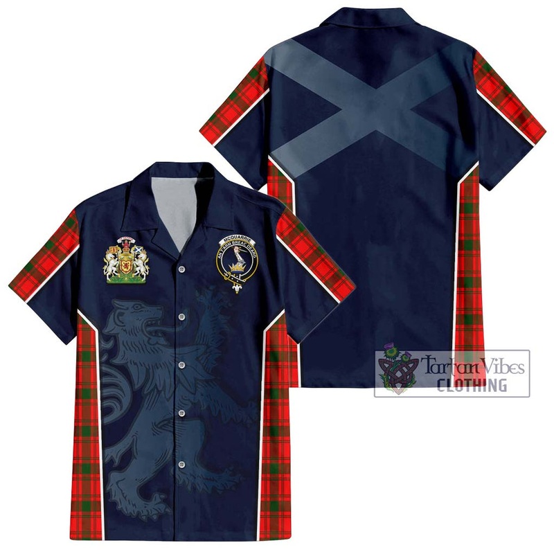 McQueary Modern Tartan Short Sleeve Button Shirt with Family Crest and Lion Rampant Vibes Sport Style
