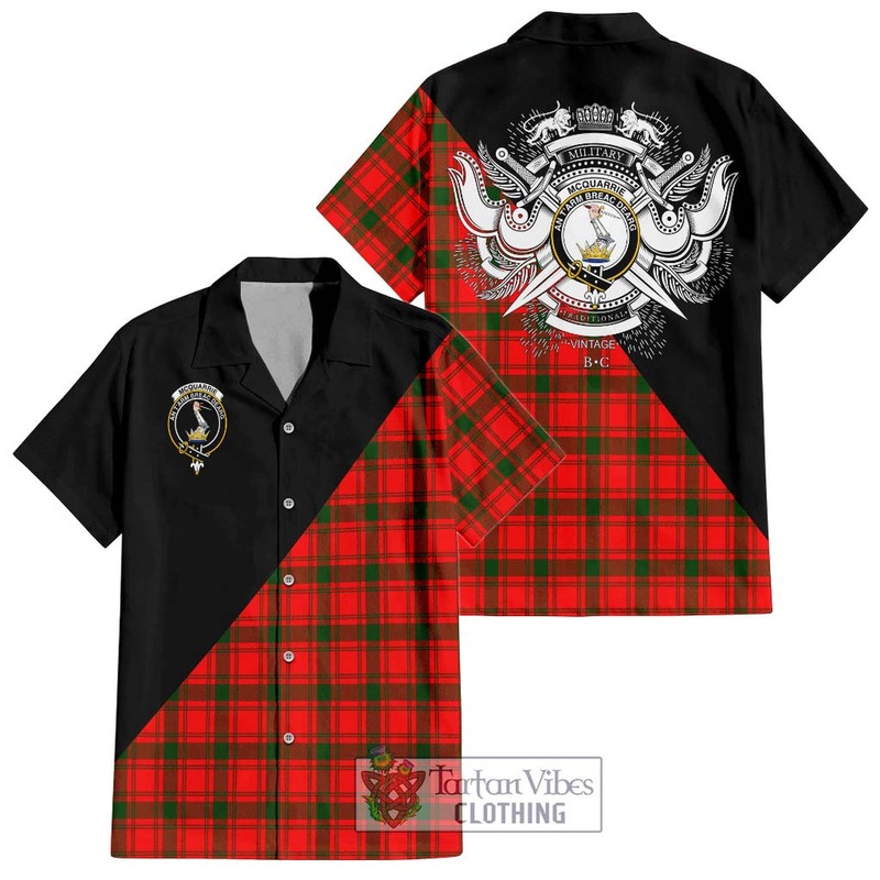 McQueary Modern Tartan Short Sleeve Button Shirt with Family Crest and Military Logo Style