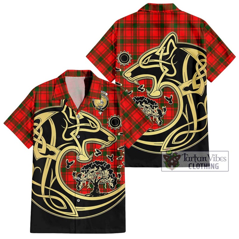 McQueary Modern Tartan Short Sleeve Button Shirt with Family Crest Celtic Wolf Style