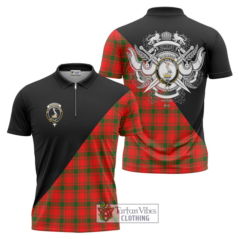 McQueary Modern Tartan Zipper Polo Shirt with Family Crest and Military Logo Style