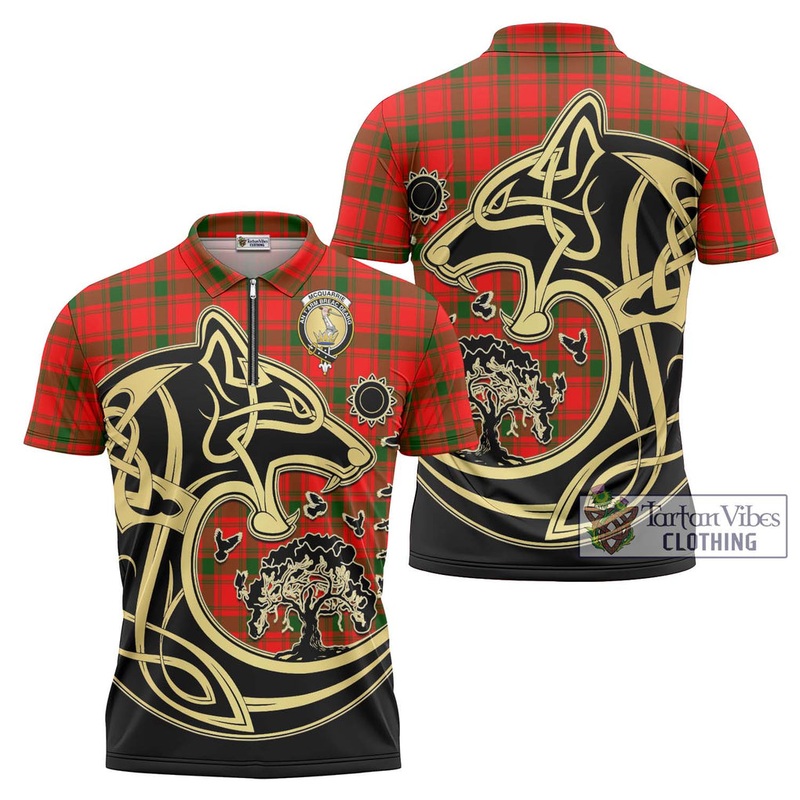 McQueary Modern Tartan Zipper Polo Shirt with Family Crest Celtic Wolf Style