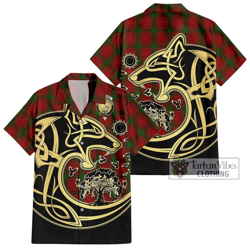 McQueary Tartan Short Sleeve Button Shirt with Family Crest Celtic Wolf Style