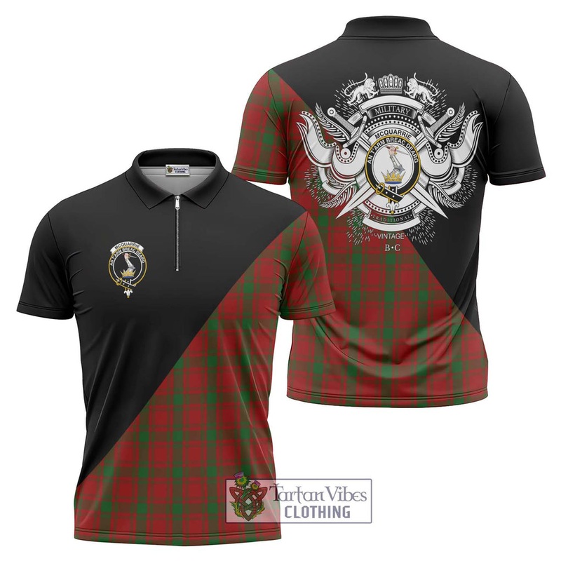 McQuarrie Tartan Zipper Polo Shirt with Family Crest and Military Logo Style