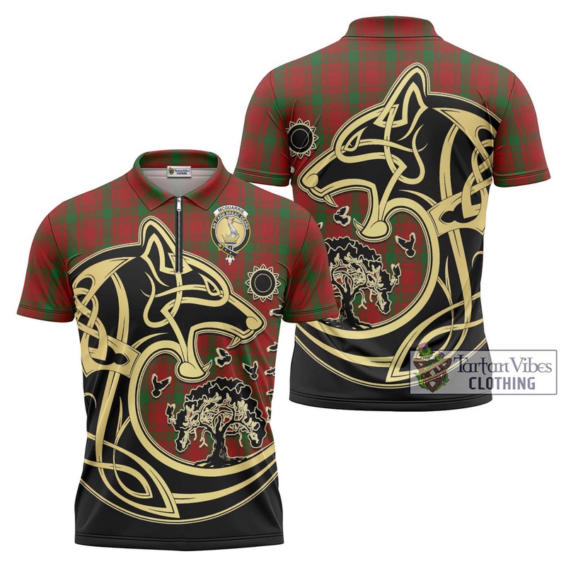 McQuarrie Tartan Zipper Polo Shirt with Family Crest Celtic Wolf Style