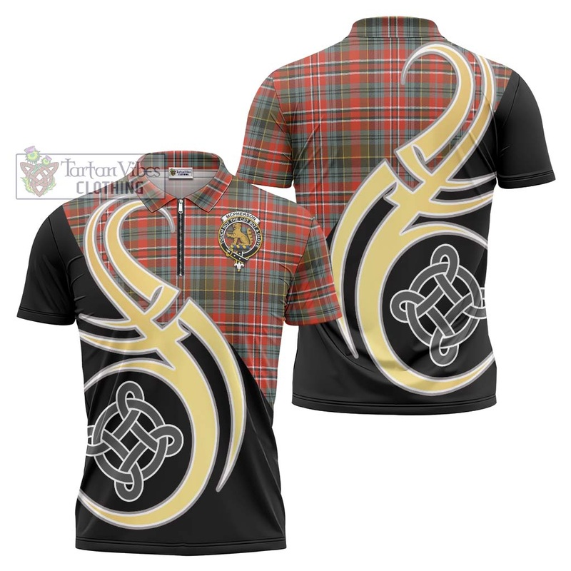 McPherson Weathered Tartan Zipper Polo Shirt with Family Crest and Celtic Symbol Style