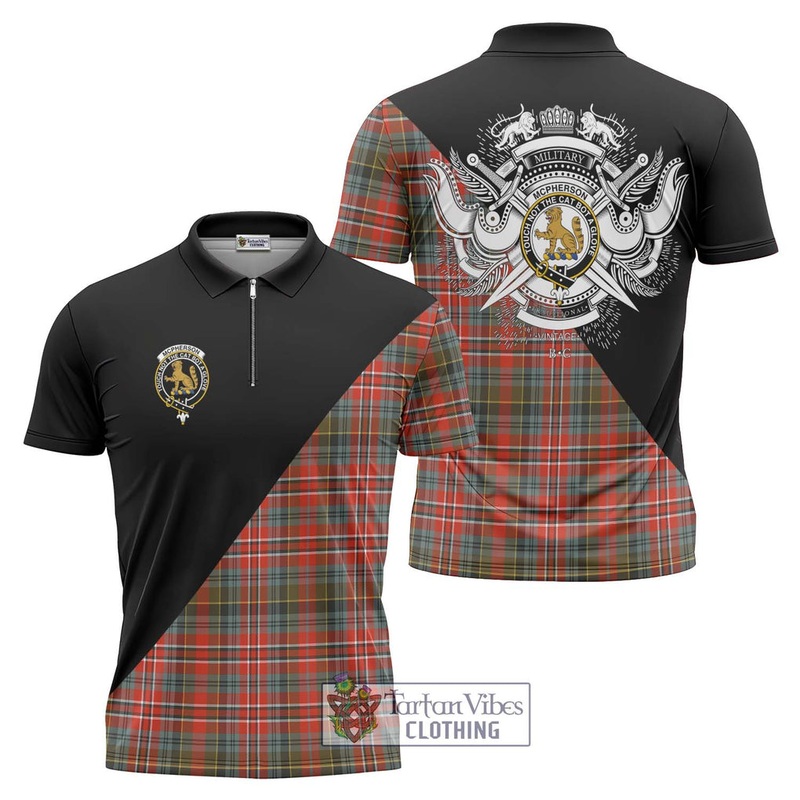 McPherson Weathered Tartan Zipper Polo Shirt with Family Crest and Military Logo Style