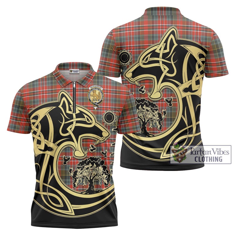 McPherson Weathered Tartan Zipper Polo Shirt with Family Crest Celtic Wolf Style