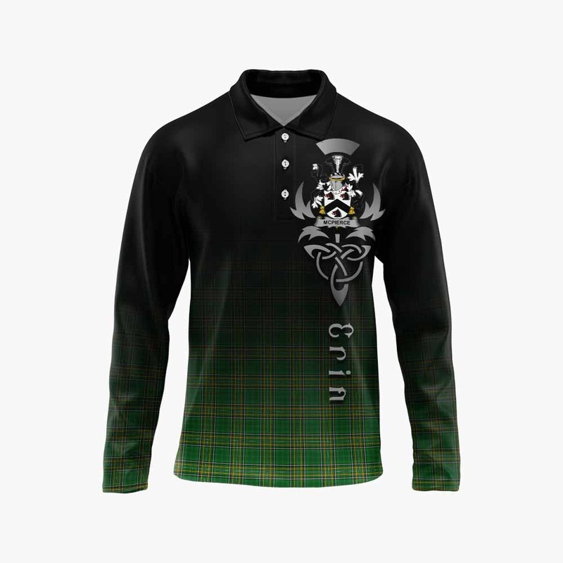 McPierce Irish Clan Long Sleeve Polo Shirt with Coat of Arms Erin Go Bragh Celtic Inspired