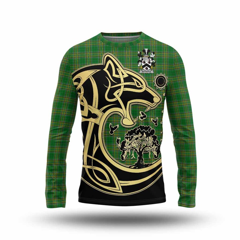 McPierce Irish Tartan Long Sleeve T-Shirt with Coat of Arms Celtic Wolf Style
