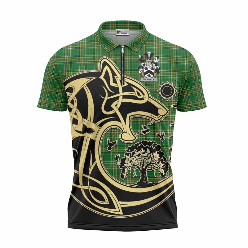 McPierce Irish Tartan Zipper Polo Shirt with Coat of Arms Celtic Wolf Style