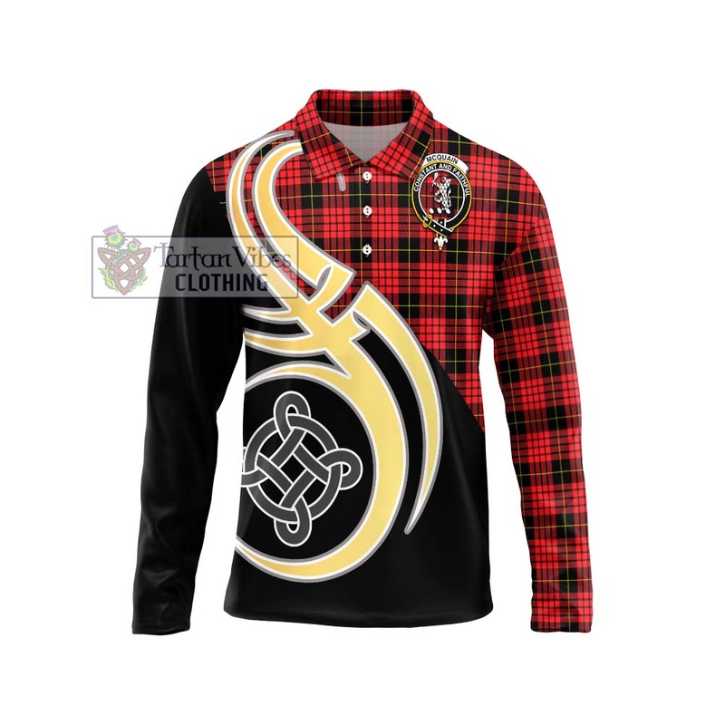 Mcquain Modern Tartan Long Sleeve Polo Shirt with Family Crest and Celtic Symbol Style