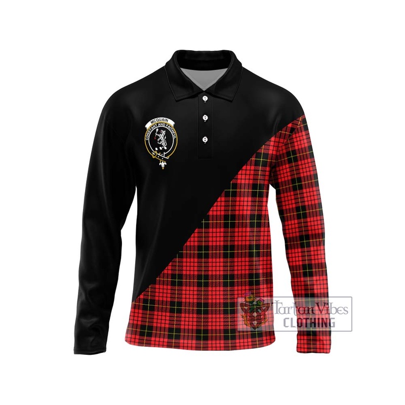 Mcquain Modern Tartan Long Sleeve Polo Shirt with Family Crest and Military Logo Style