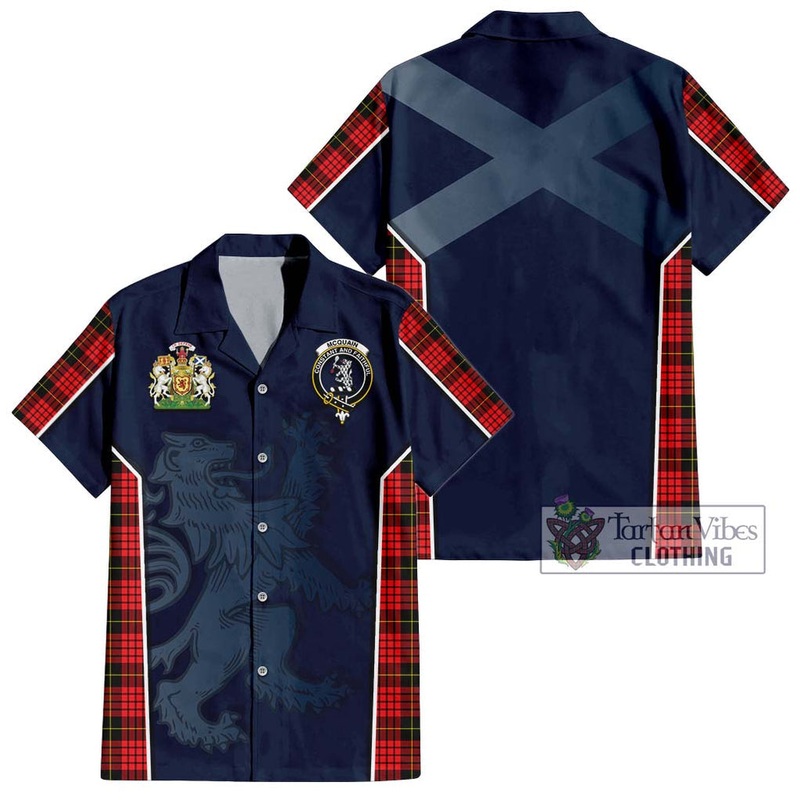 Mcquain Modern Tartan Short Sleeve Button Shirt with Family Crest and Lion Rampant Vibes Sport Style