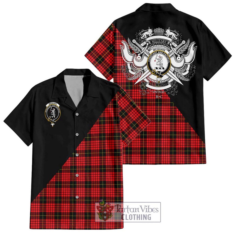 Mcquain Modern Tartan Short Sleeve Button Shirt with Family Crest and Military Logo Style