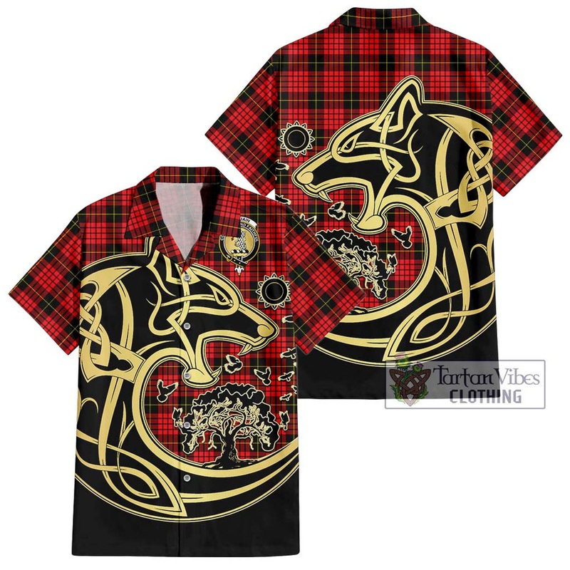 Mcquain Modern Tartan Short Sleeve Button Shirt with Family Crest Celtic Wolf Style