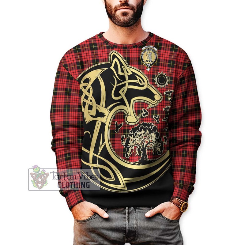 Mcquain Modern Tartan Sweatshirt with Family Crest Celtic Wolf Style