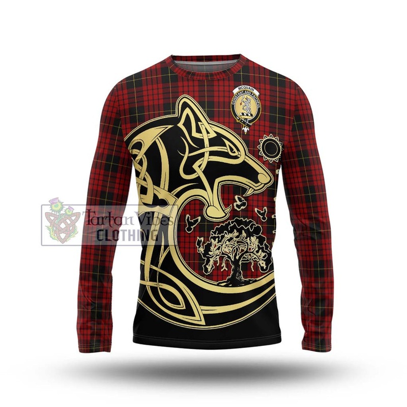 Mcquain Tartan Long Sleeve T-Shirt with Family Crest Celtic Wolf Style