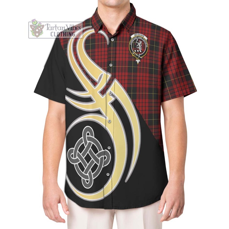 Mcquain Tartan Short Sleeve Button Shirt with Family Crest and Celtic Symbol Style