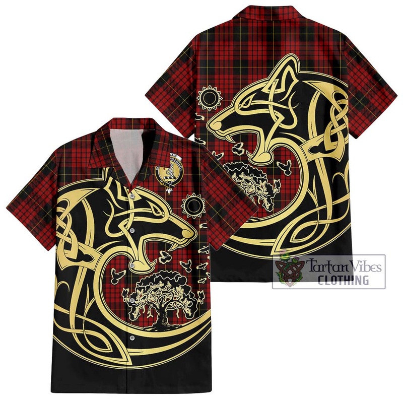Mcquain Tartan Short Sleeve Button Shirt with Family Crest Celtic Wolf Style