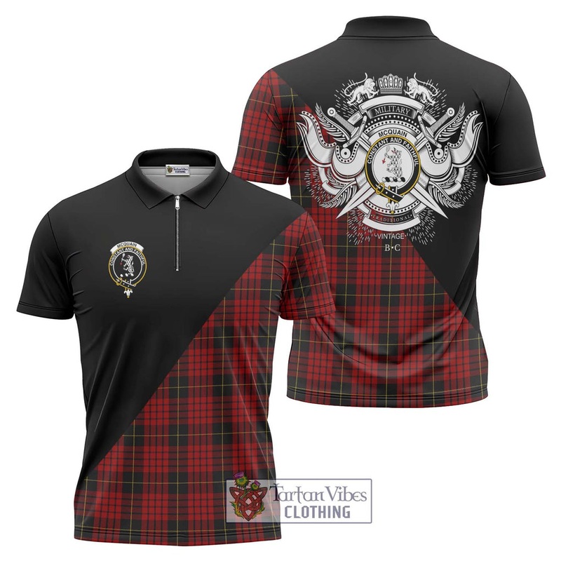 Mcquain Tartan Zipper Polo Shirt with Family Crest and Military Logo Style