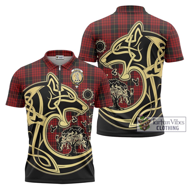 Mcquain Tartan Zipper Polo Shirt with Family Crest Celtic Wolf Style