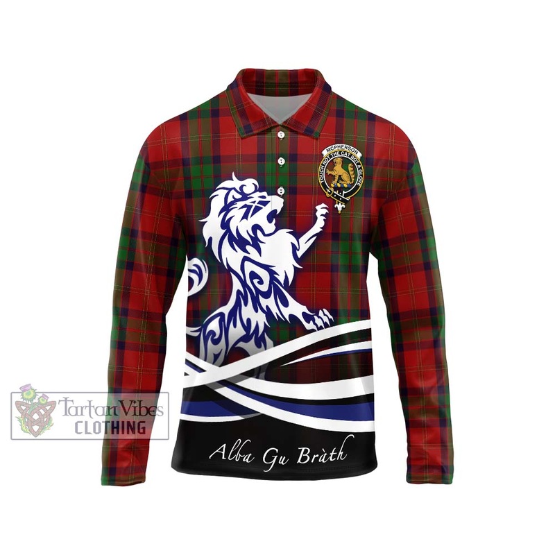 McPherson of Cluny Tartan Long Sleeve Polo Shirt with Alba Gu Brath Regal Lion Emblem