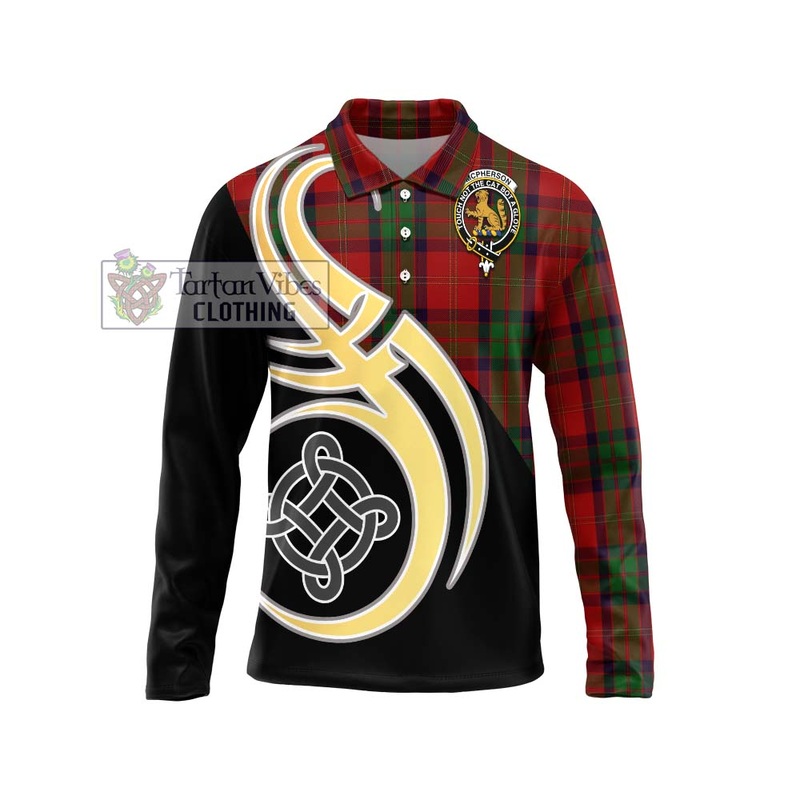 McPherson of Cluny Tartan Long Sleeve Polo Shirt with Family Crest and Celtic Symbol Style