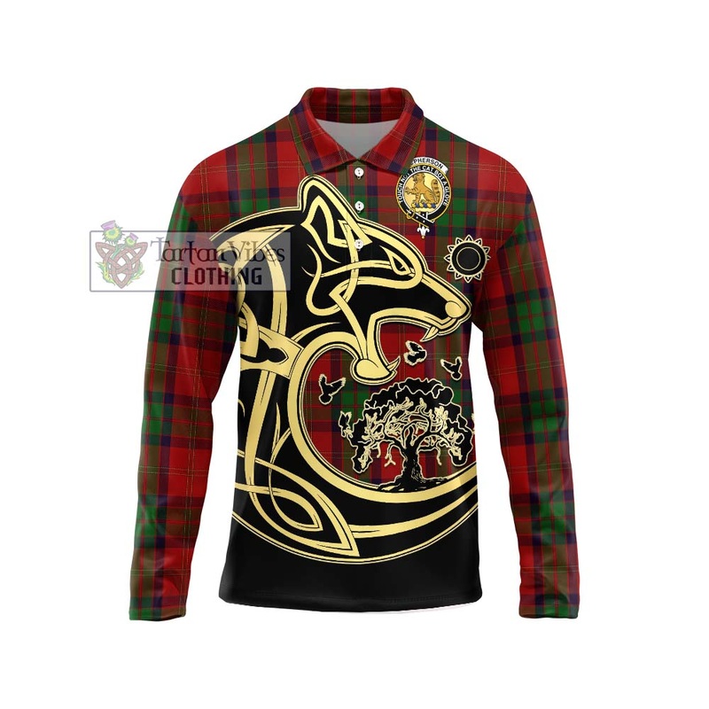 McPherson of Cluny Tartan Long Sleeve Polo Shirt with Family Crest Celtic Wolf Style