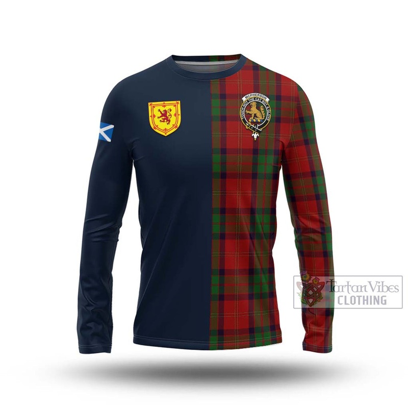 McPherson of Cluny Tartan Long Sleeve T-Shirt Alba with Scottish Lion Royal Arm Half Style