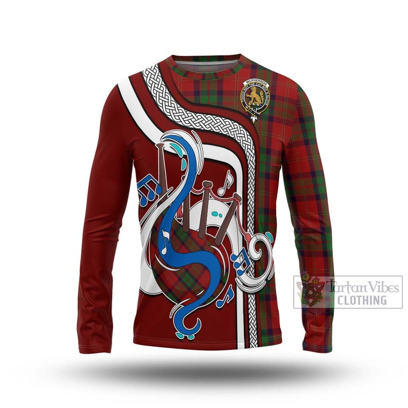 McPherson of Cluny Tartan Long Sleeve T-Shirt with Epic Bagpipe Style