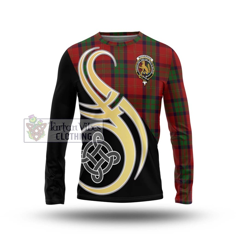 McPherson of Cluny Tartan Long Sleeve T-Shirt with Family Crest and Celtic Symbol Style