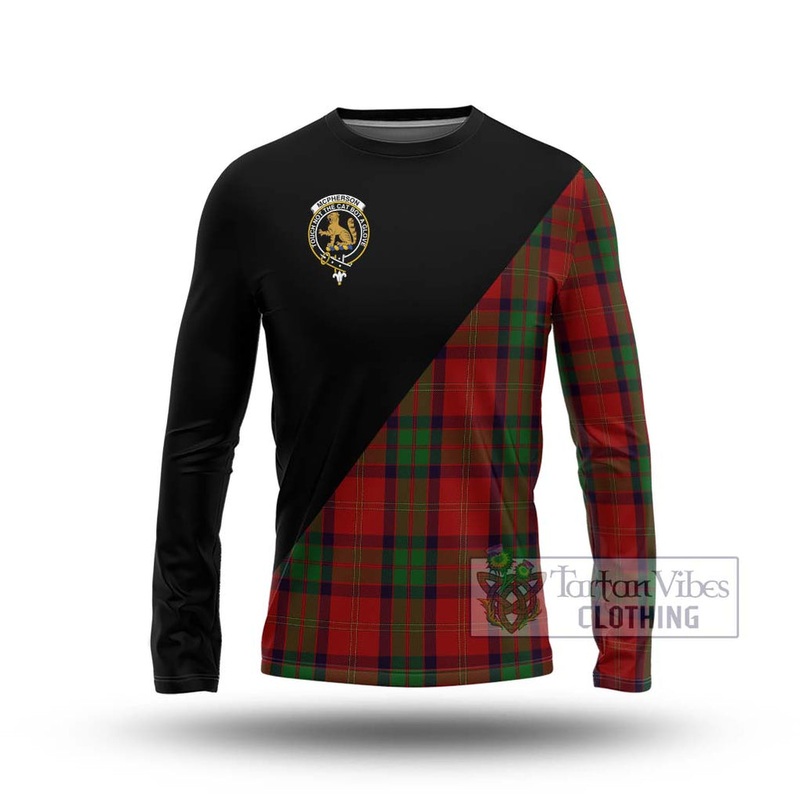 McPherson of Cluny Tartan Long Sleeve T-Shirt with Family Crest and Military Logo Style