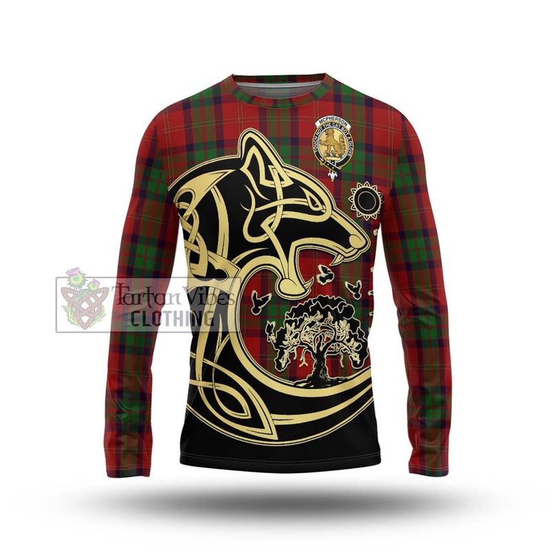 McPherson of Cluny Tartan Long Sleeve T-Shirt with Family Crest Celtic Wolf Style