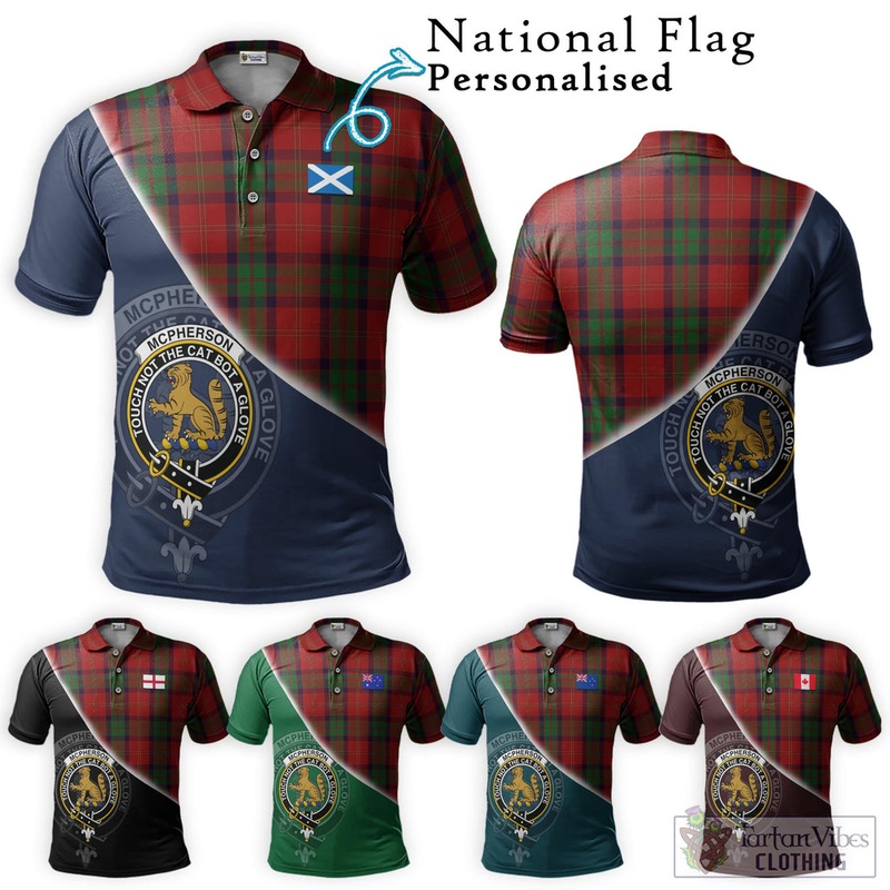 McPherson of Cluny Tartan Polo Shirt with Personalised National Flag and Family Crest Half Style