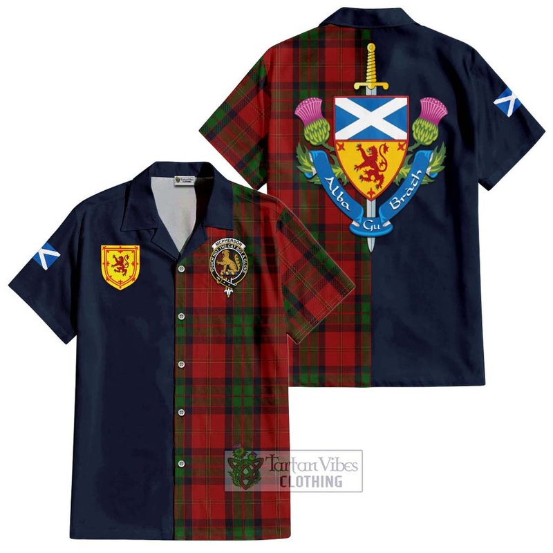 McPherson of Cluny Tartan Short Sleeve Button Shirt Alba with Scottish Lion Royal Arm Half Style