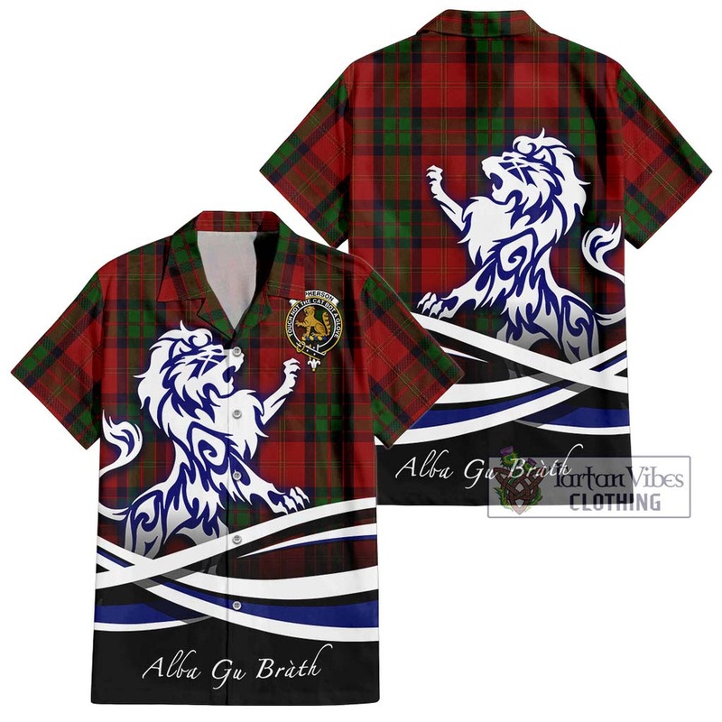 McPherson of Cluny Tartan Short Sleeve Button Shirt with Alba Gu Brath Regal Lion Emblem