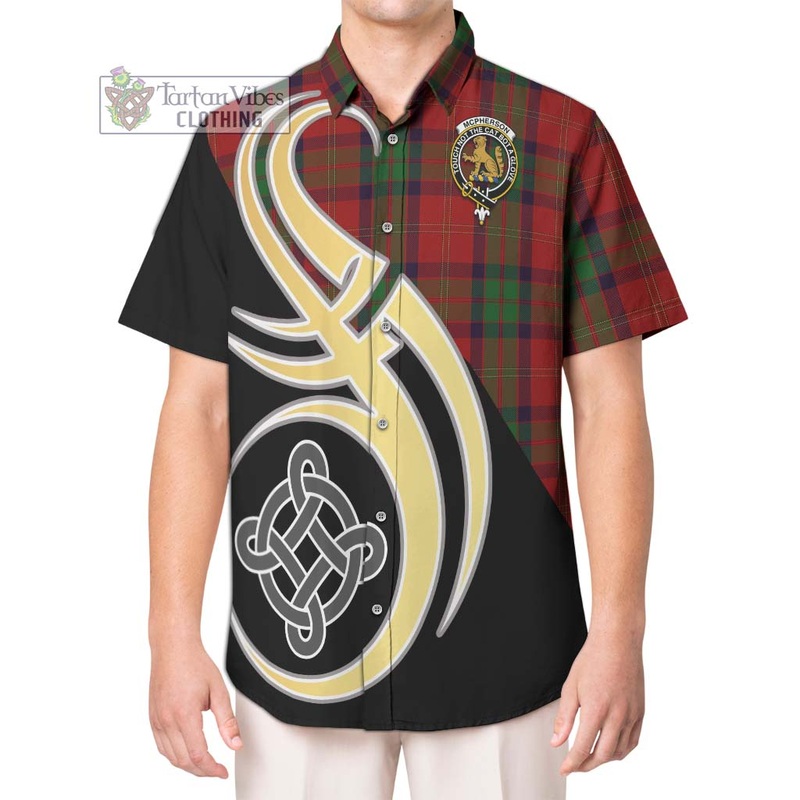 McPherson of Cluny Tartan Short Sleeve Button Shirt with Family Crest and Celtic Symbol Style