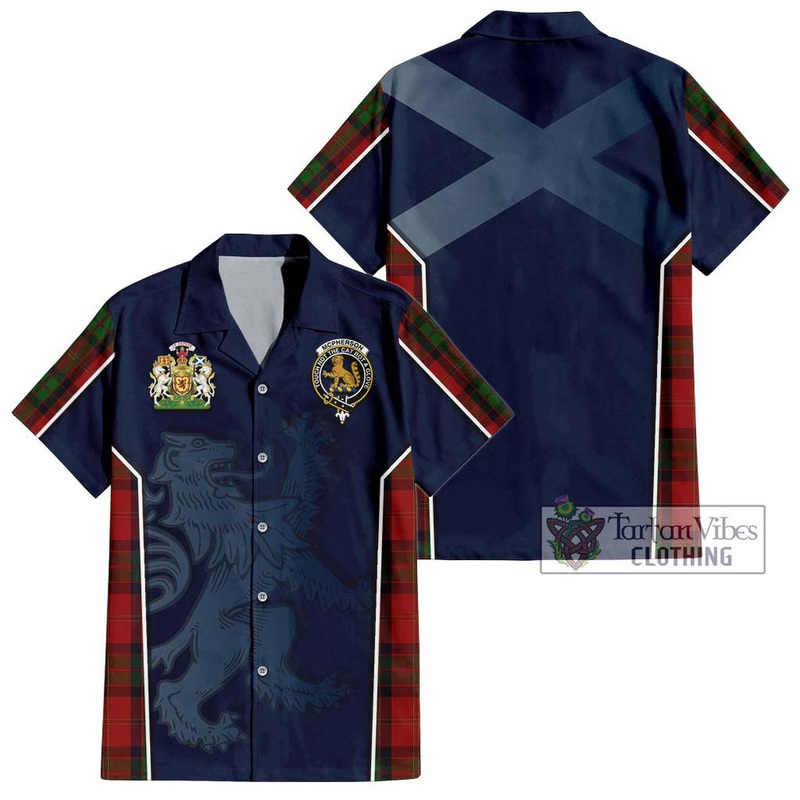 McPherson of Cluny Tartan Short Sleeve Button Shirt with Family Crest and Lion Rampant Vibes Sport Style