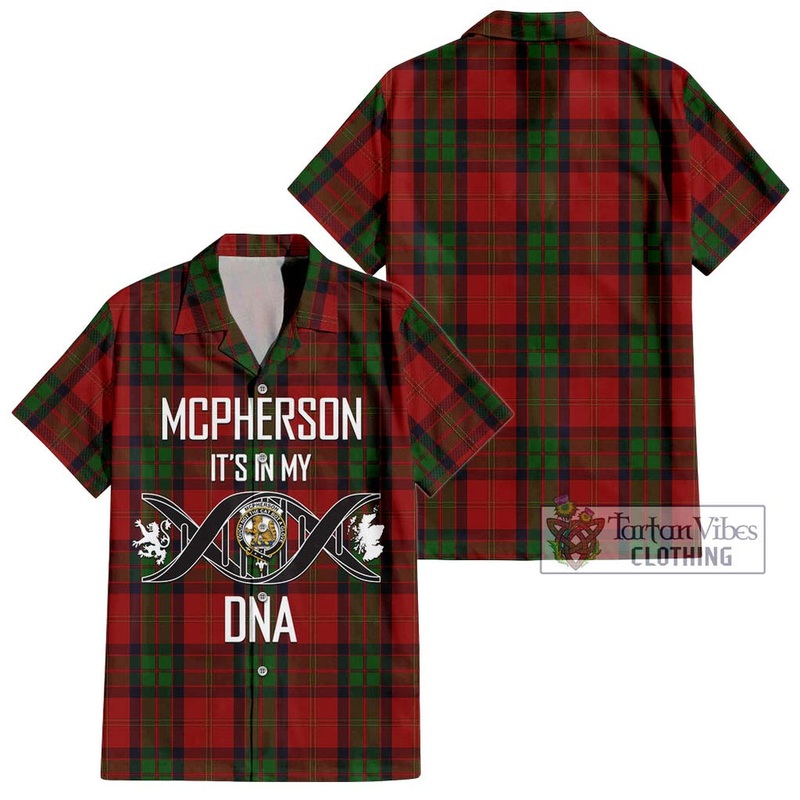 McPherson of Cluny Tartan Short Sleeve Button Shirt with Family Crest DNA In Me Style