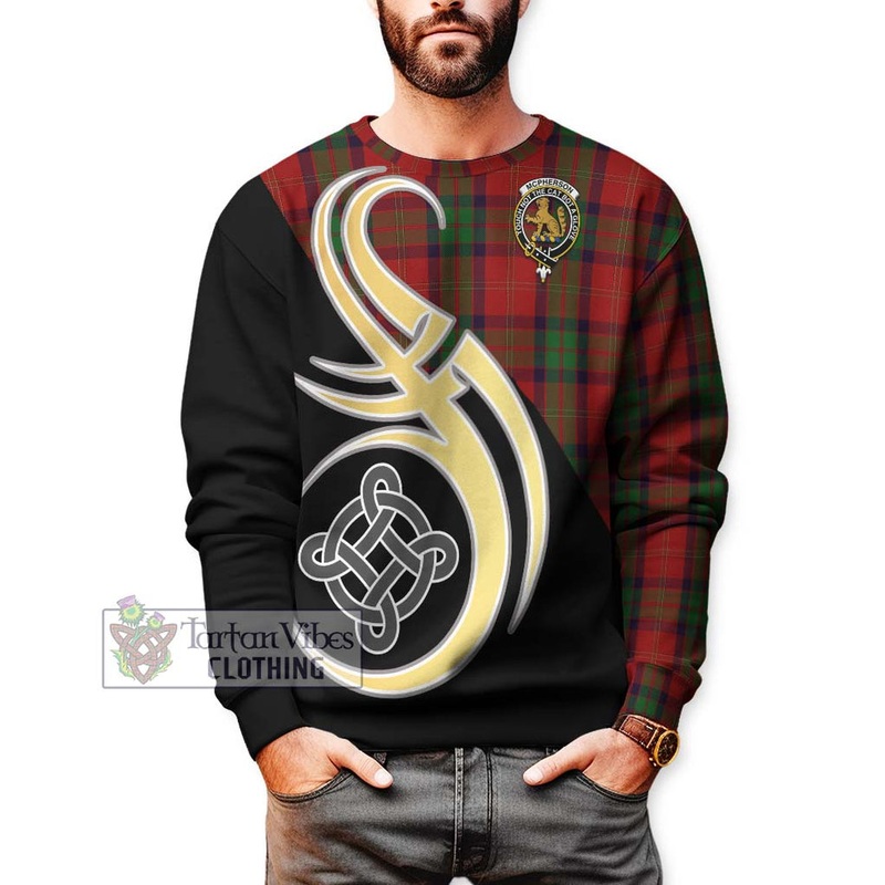 McPherson of Cluny Tartan Sweatshirt with Family Crest and Celtic Symbol Style