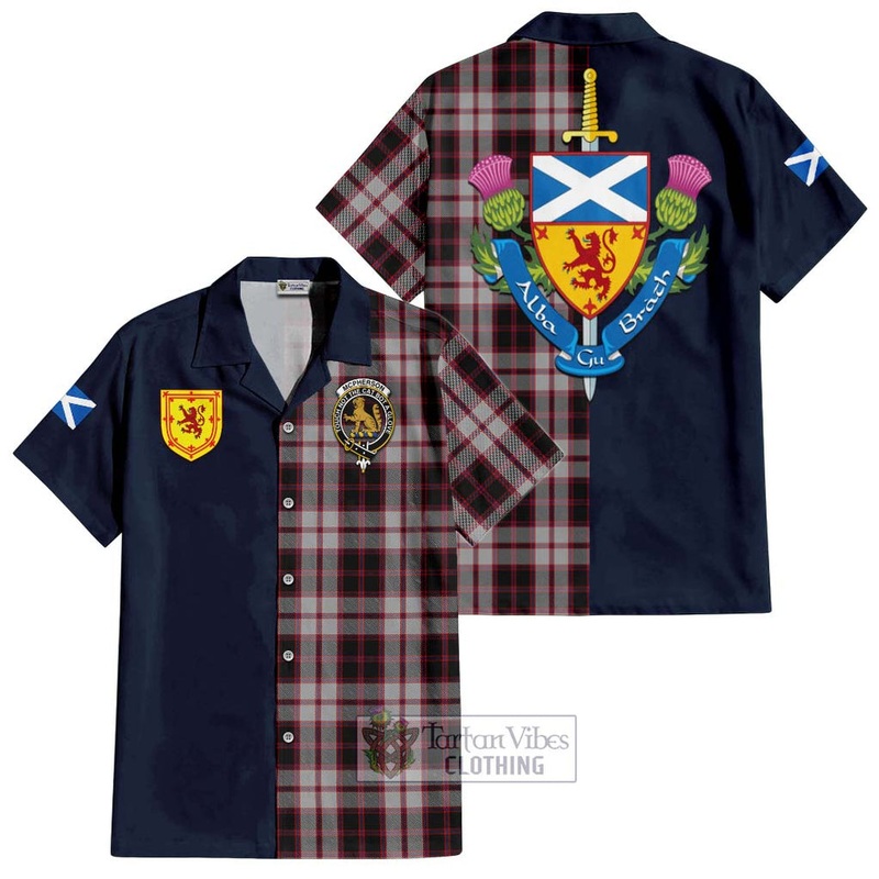 Mcpherson Tartan Short Sleeve Button Shirt Alba with Scottish Lion Royal Arm Half Style